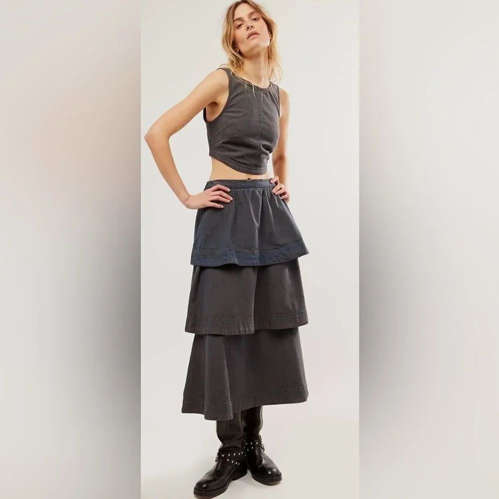 Free People 2 Piece Ryder Denim Set Skirt & Crop Top Size Medium